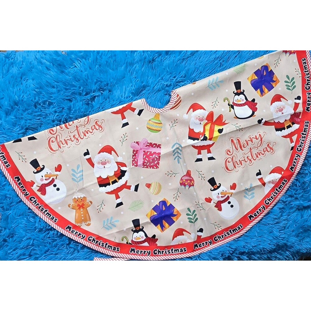 Christmas 36" Tree Skirt Holiday Santa Snowman Penguin Beige Fun Cartoon Design